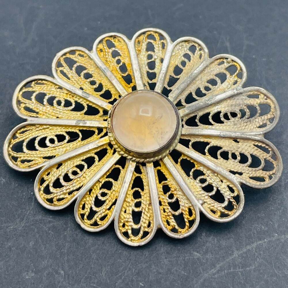 925 Filigree Rose Quartz Cabochon Brooch 1.75" Pin Gold Wash Sterling Silver